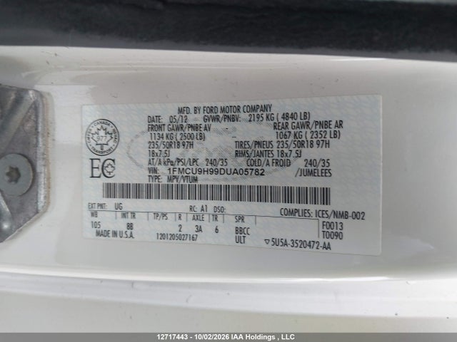 Продаж на аукціоні авто 2013 Ford Escape Sel, vin: 1FMCU9H99DUA05782, номер лоту: 12717443
