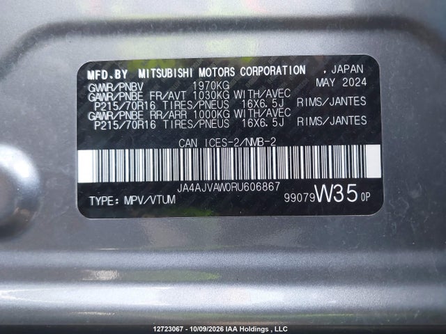 Aukcja sprzedaży 2024 Mitsubishi Rvr Se/sel/noir/gt, vin: JA4AJVAW0RU606867, numer aukcji: 12723067