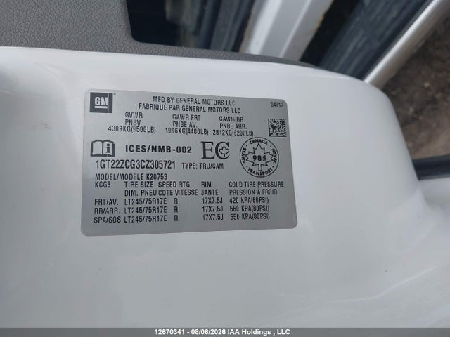 12670341 :رقم المزاد ، 1GT22ZCG3CZ305721 vin ، 2012 Gmc Sierra 2500hd Wt مزاد بيع