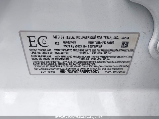 Продажа на аукционе авто 2023 Tesla Model Y Long Range, vin: 7SAYGDEE5PF779971, номер лота: 12723079