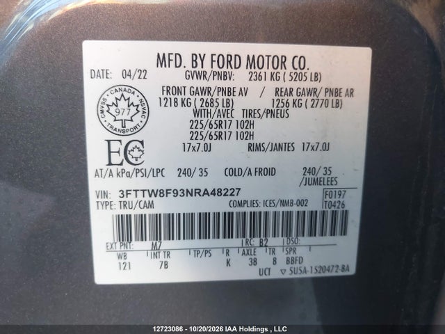 3FTTW8F93NRA48227 Ford Maverick