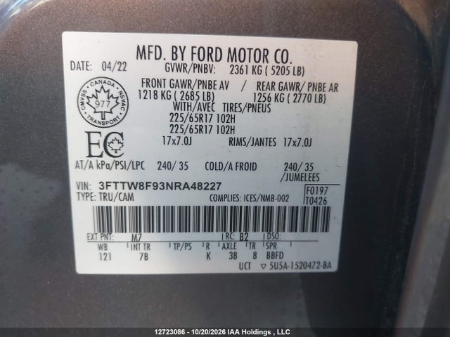 3FTTW8F93NRA48227 Ford Maverick