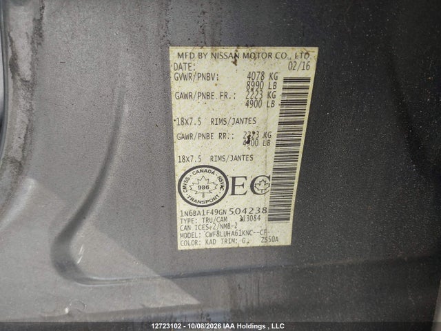 12723102 :رقم المزاد ، 1N6BA1F49GN504238 vin ، 2016 Nissan Titan Xd Platinum Reserve/pro-4x/s/sl/sv مزاد بيع