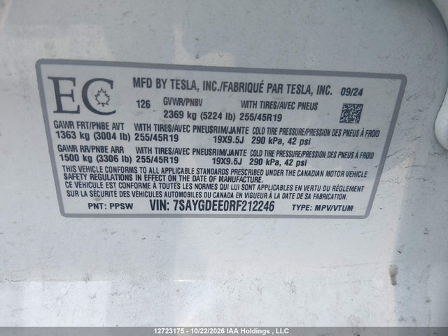 12723175 :رقم المزاد ، 7SAYGDEE0RF212246 vin ، 2024 Tesla Model Y Long Range مزاد بيع