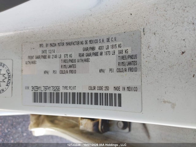 12723228 :رقم المزاد ، 3MZBM1L78FM178298 vin ، 2015 Mazda Mazda3 Gs مزاد بيع