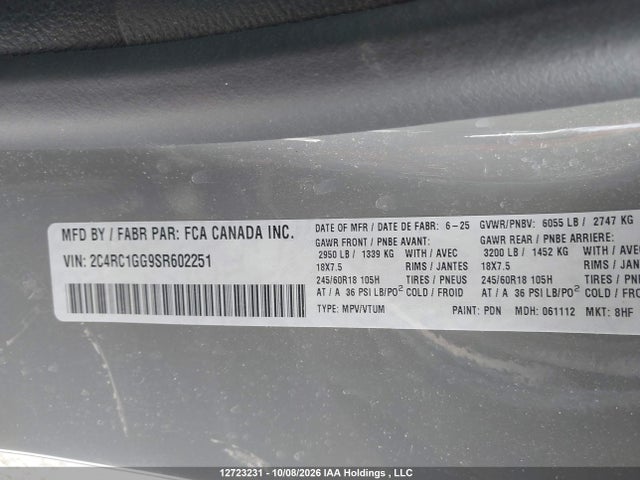 2025 Chrysler Pacifica Limited მანქანა იყიდება აუქციონზე, vin: 2C4RC1GG9SR602251, აუქციონის ნომერი: 12723231