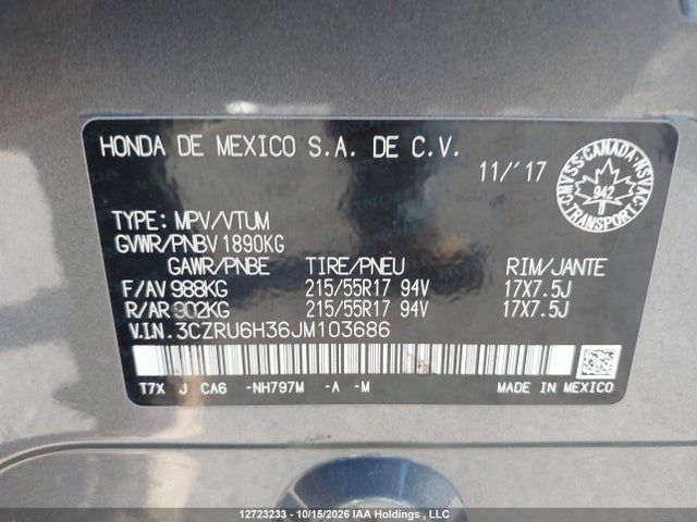 3CZRU6H36JM103686 Honda HR-V LX