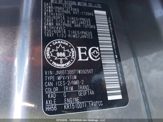 Продажа на аукционе авто 2026 Nissan Rogue Sv, vin: JN8BT3BB7TW092567, номер лота: 12723235