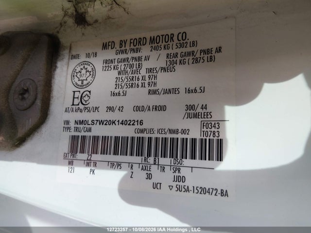 12723257 :رقم المزاد ، NM0LS7W20K1402216 vin ، 2019 Ford Transit Connect Xlt مزاد بيع