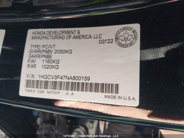 Aukcja sprzedaży 2022 Honda Accord, vin: 1HGCV3F47NA800159, numer aukcji: 12723267