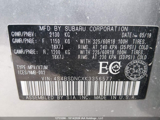 Subaru Outback 2.5i Limited 2019 4S4BSDNCXK3356577 Image 9