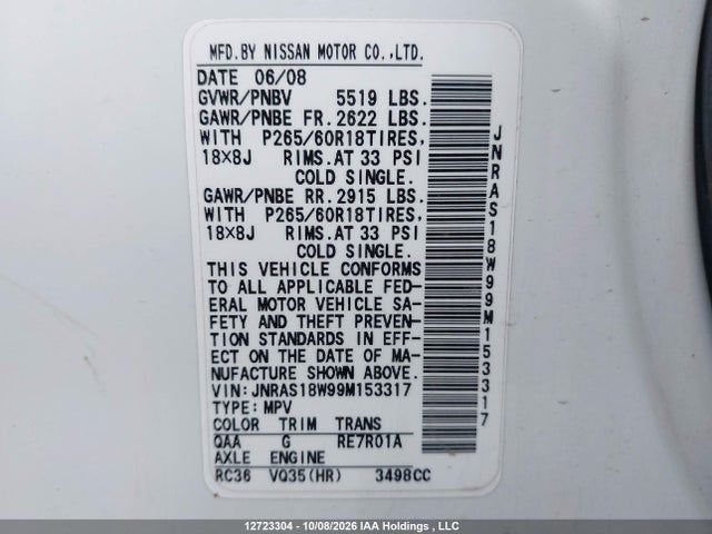 Aukcja sprzedaży 2009 Infiniti Fx35, vin: JNRAS18W99M153317, numer aukcji: 12723304