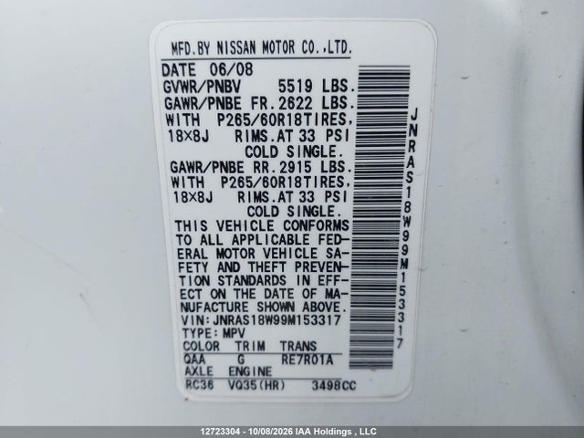 Aukcja sprzedaży 2009 Infiniti Fx35, vin: JNRAS18W99M153317, numer aukcji: 12723304