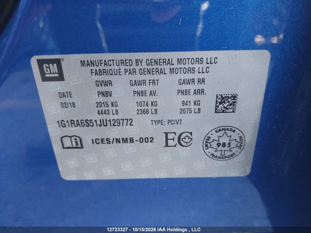 Auction sale of the 2018 Chevrolet Volt Lt, vin: 1G1RA6S51JU129772, lot number: 12723327