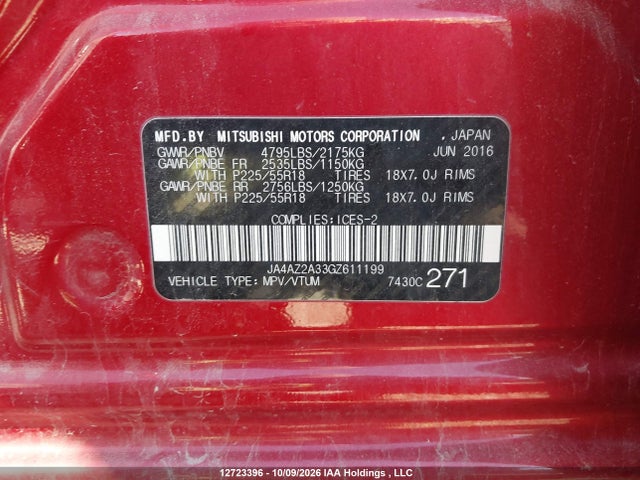 Aukcja sprzedaży 2016 Mitsubishi Outlander Es, vin: JA4AZ2A33GZ611199, numer aukcji: 12723396