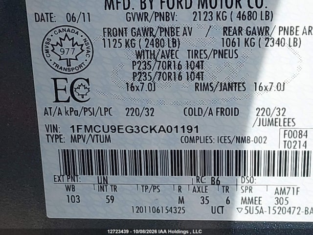 Auction sale of the 2012 Ford Escape Limited, vin: 1FMCU9EG3CKA01191, lot number: 12723439