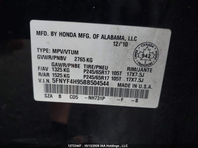 2011 Honda Pilot Touring მანქანა იყიდება აუქციონზე, vin: 5FNYF4H95BB504544, აუქციონის ნომერი: 12723447