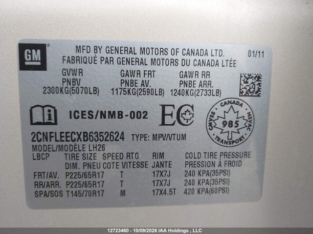 Продаж на аукціоні авто 2011 Chevrolet Equinox 1lt, vin: 2CNFLEECXB6352624, номер лоту: 12723460