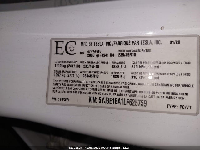 2020 Tesla Model 3 მანქანა იყიდება აუქციონზე, vin: 5YJ3E1EA1LF625759, აუქციონის ნომერი: 12723527