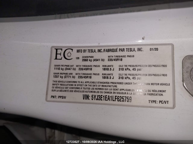 2020 Tesla Model 3 მანქანა იყიდება აუქციონზე, vin: 5YJ3E1EA1LF625759, აუქციონის ნომერი: 12723527