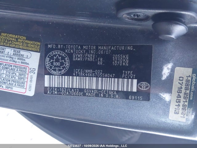 12723537 :رقم المزاد ، 4T1BK46K67U558047 vin ، 2007 Toyota Camry Le V6/se V6/xle V6 مزاد بيع