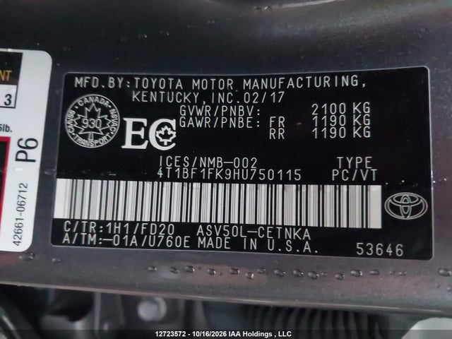 4T1BF1FK9HU750115 Toyota Camry Le/xle/se/xse