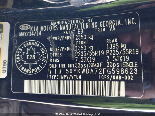 12723580 :رقم المزاد ، 5XYKWDA72FG598623 vin ، 2015 Kia Sorento Sx مزاد بيع