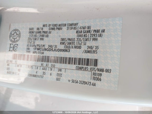 Ford ESCAPE SE 2018 1FMCU9GD5JUD09063 Image 9