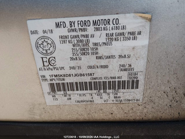 Aukcja sprzedaży 2018 Ford Explorer Xlt, vin: 1FM5K8D81JGB61587, numer aukcji: 12723618