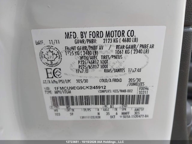 12723651 :رقم المزاد ، 1FMCU9EG9CKB45912 vin ، 2012 Ford Escape Limited مزاد بيع