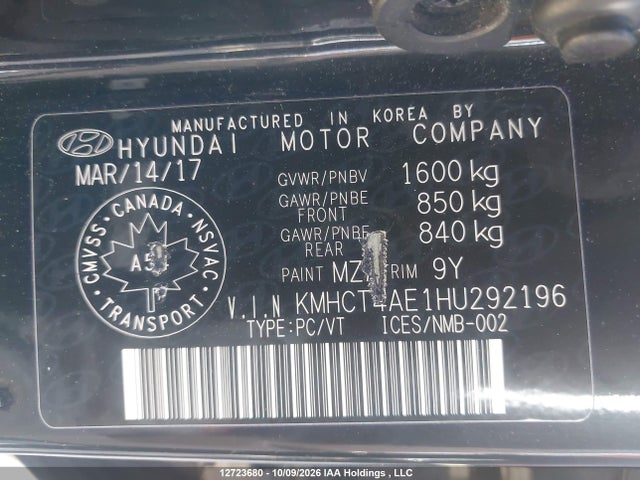Продажа на аукционе авто 2017 Hyundai Accent Gl, vin: KMHCT4AE1HU292196, номер лота: 12723680