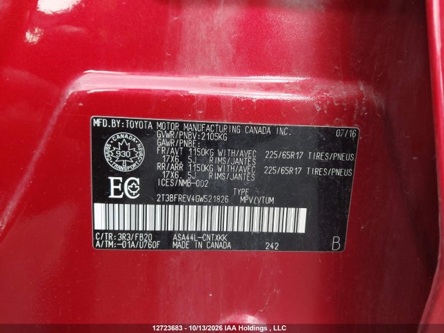 2016 Toyota Rav4 Le მანქანა იყიდება აუქციონზე, vin: 2T3BFREV4GW521826, აუქციონის ნომერი: 12723683