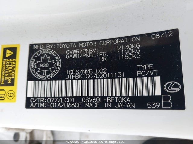 12723690 :رقم المزاد ، JTHBK1GG7D2011131 vin ، 2013 Lexus Es 350 350 مزاد بيع