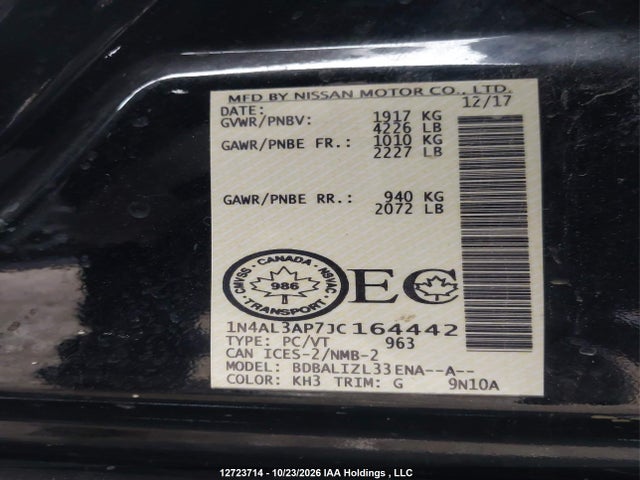 Aukcja sprzedaży 2018 Nissan Altima, vin: 1N4AL3AP7JC164442, numer aukcji: 12723714
