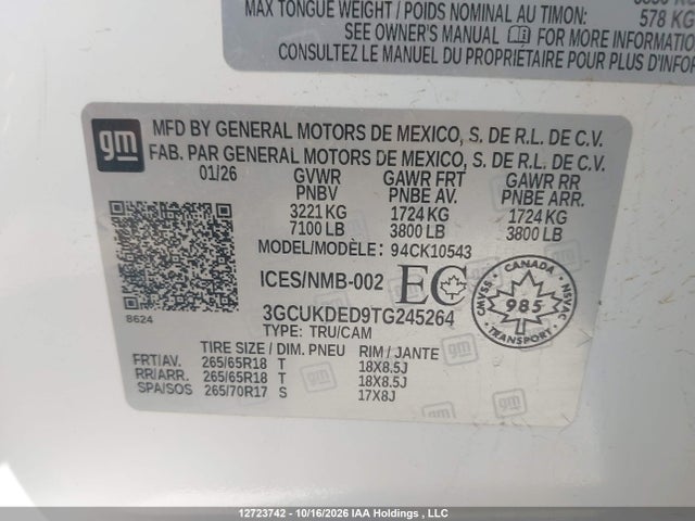 Aukcja sprzedaży 2026 Chevrolet Silverado K1500 Lt, vin: 3GCUKDED9TG245264, numer aukcji: 12723742