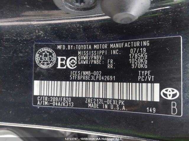 12723787 :رقم المزاد ، 5YFBPRBE3LP042691 vin ، 2020 Toyota Corolla Le مزاد بيع