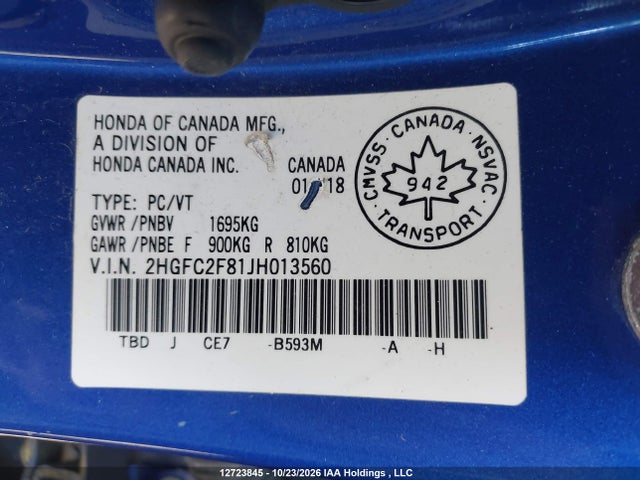 Aukcja sprzedaży 2018 Honda Civic, vin: 2HGFC2F81JH013560, numer aukcji: 12723845