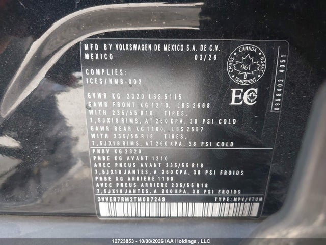 Aukcja sprzedaży 2026 Volkswagen Tiguan Se, vin: 3VVER7RM2TM087249, numer aukcji: 12723853