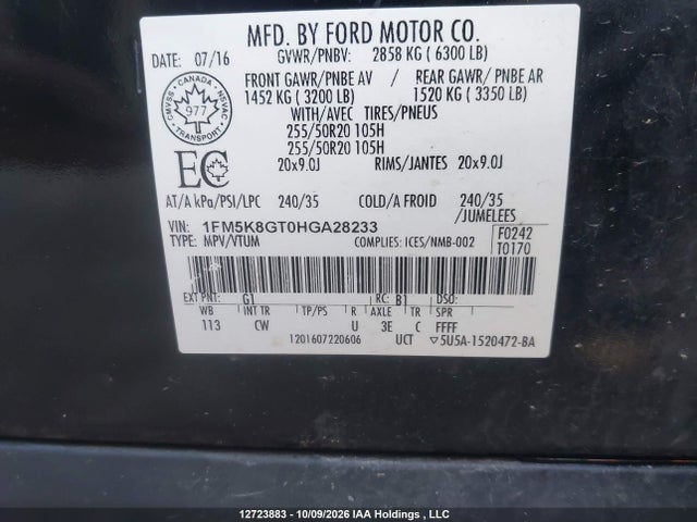 12723883 :رقم المزاد ، 1FM5K8GT0HGA28233 vin ، 2017 Ford Explorer Sport مزاد بيع