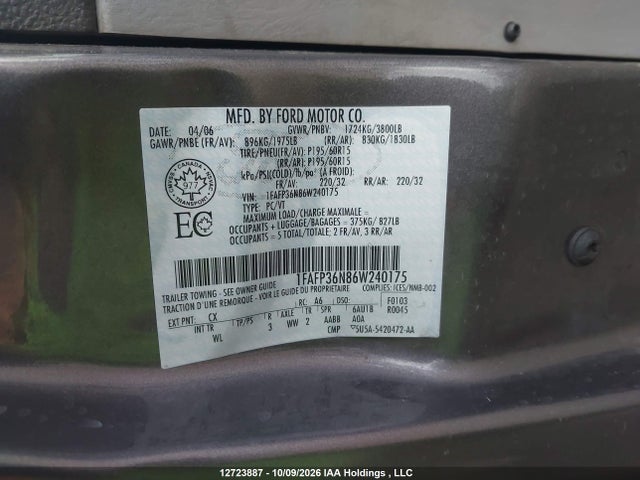12723887 :رقم المزاد ، 1FAFP36N86W240175 vin ، 2006 Ford Focus Zxw مزاد بيع