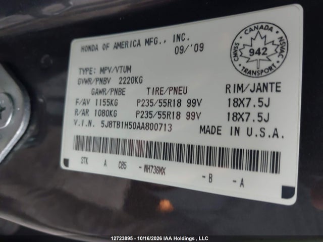 12723895 :رقم المزاد ، 5J8TB1H50AA800713 vin ، 2010 Acura Rdx مزاد بيع