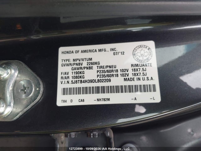 12723899 :رقم المزاد ، 5J8TB4H39DL802209 vin ، 2013 Acura Rdx مزاد بيع