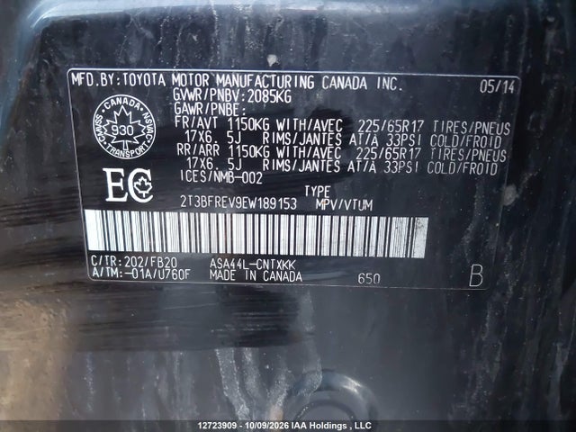 12723909 :رقم المزاد ، 2T3BFREV9EW189153 vin ، 2014 Toyota Rav4 Le مزاد بيع