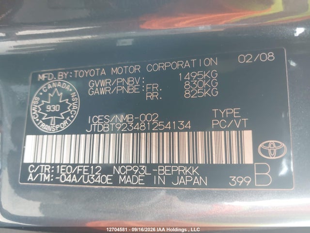 Aukcja sprzedaży 2008 Toyota Yaris, vin: JTDBT923481254134, numer aukcji: 12704581