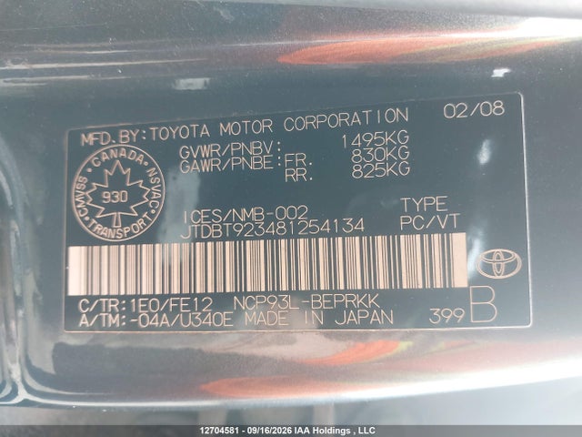 Aukcja sprzedaży 2008 Toyota Yaris, vin: JTDBT923481254134, numer aukcji: 12704581