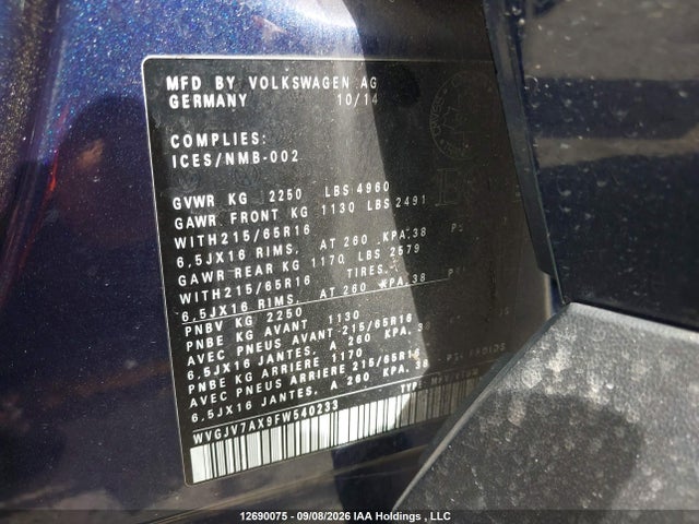 Продаж на аукціоні авто 2015 Volkswagen Tiguan Comfortline/highline/special Edition/trendline, vin: WVGJV7AX9FW540233, номер лоту: 12690075
