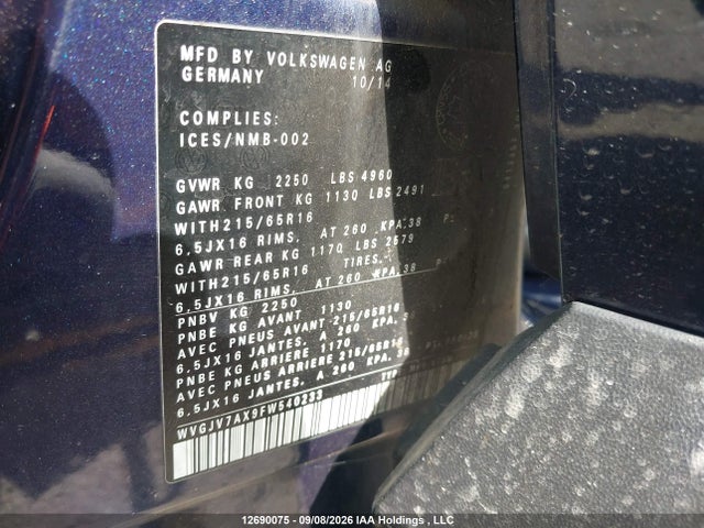 Продаж на аукціоні авто 2015 Volkswagen Tiguan Comfortline/highline/special Edition/trendline, vin: WVGJV7AX9FW540233, номер лоту: 12690075