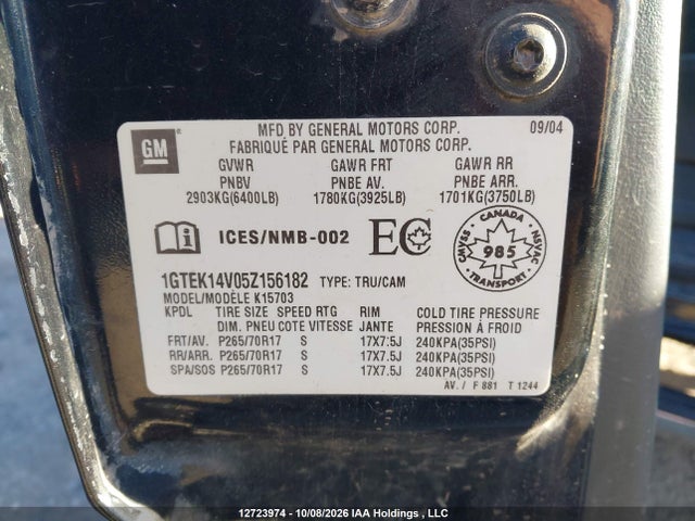 Aukcja sprzedaży 2005 Gmc Sierra 1500 Sl/sle, vin: 1GTEK14V05Z156182, numer aukcji: 12723974