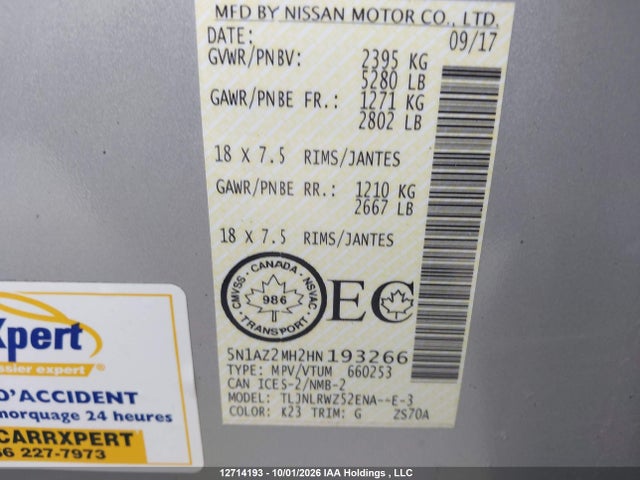Продаж на аукціоні авто 2017 Nissan Murano Platinum/sl/sv, vin: 5N1AZ2MH2HN193266, номер лоту: 12714193