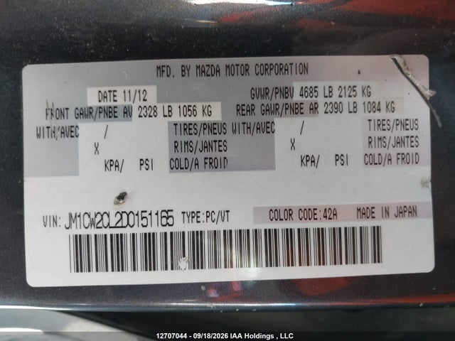 Продажа на аукционе авто 2013 Mazda Mazda5 Gs, vin: JM1CW2CL2D0151165, номер лота: 12707044